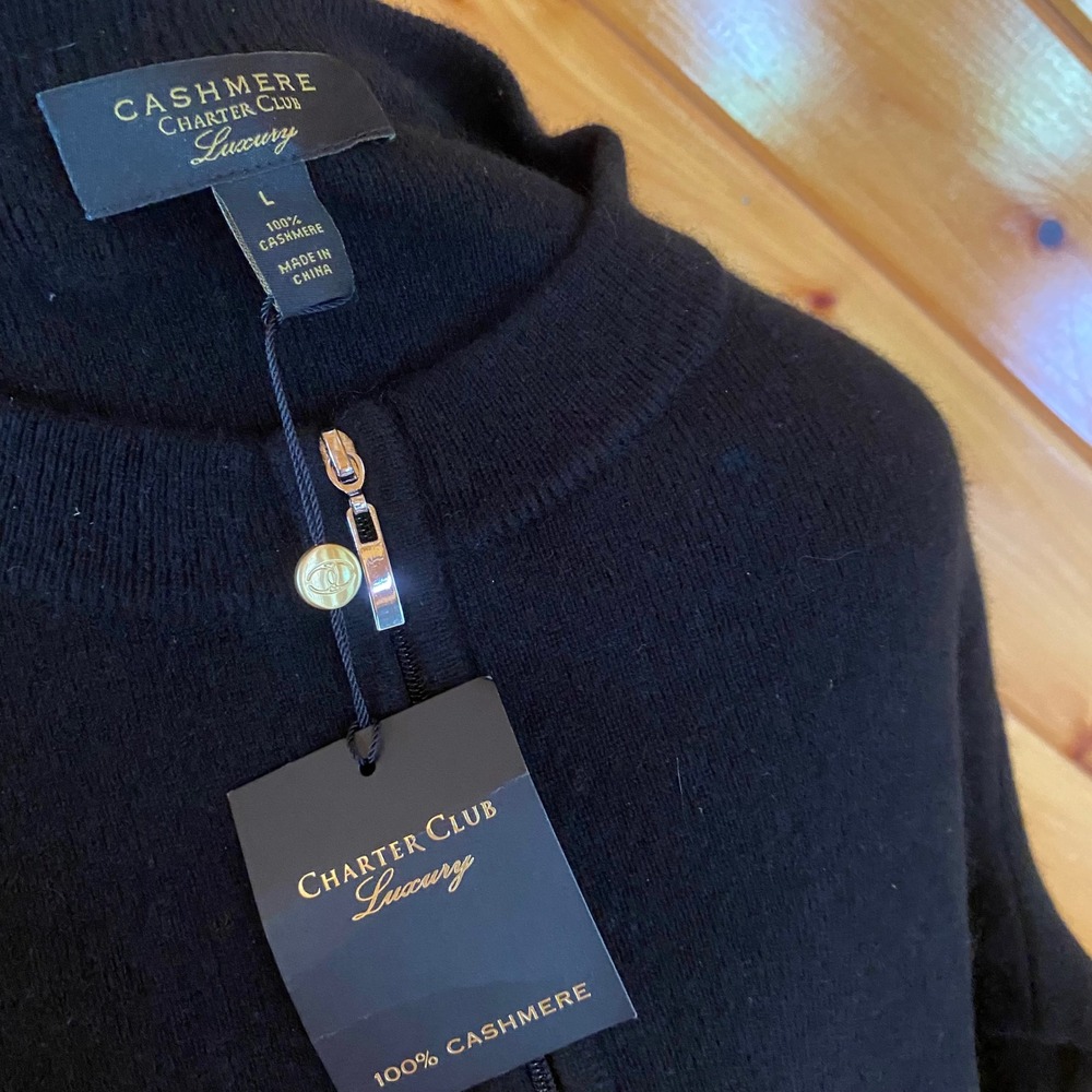 Charter Club Luxury 100% Cashmere Zip Front Puff Shoulder Cardigan Black Large - Picture 2 of 5
